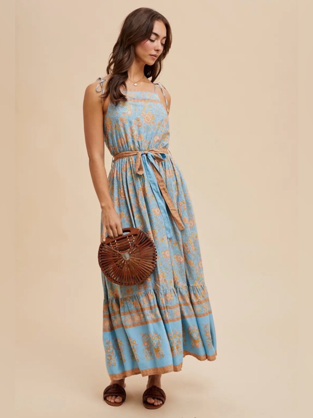 Urban Outfitters NWT Boho Blue Tan Border Print Maxi Dress Lined Tie waist